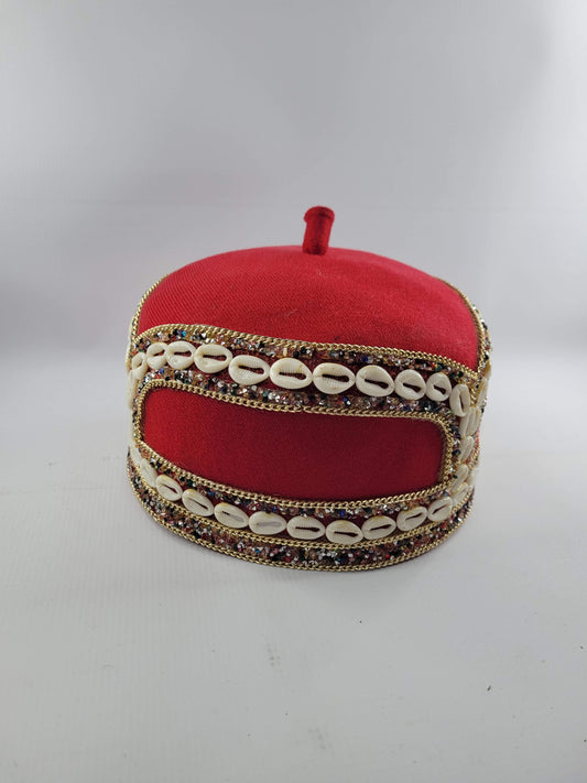 Igbo Red Cap with Cowrie Shell Embroidery