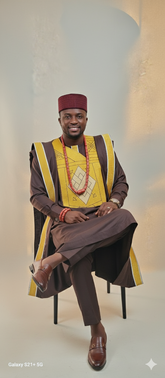 Regal Brown Agbada with Golden Geometric Embroidery