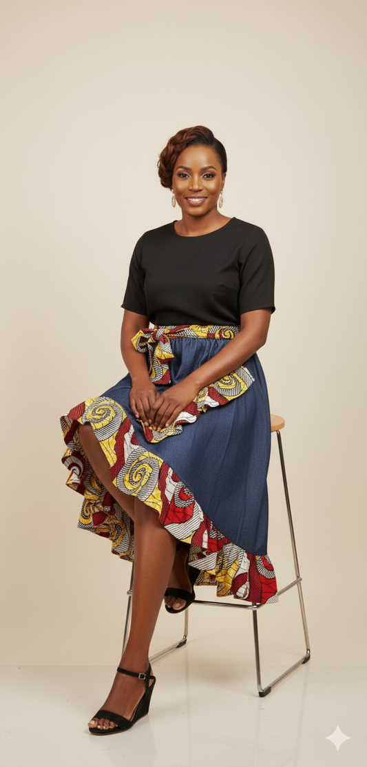 Chic Denim Skirt with Vibrant Ankara Ruffle