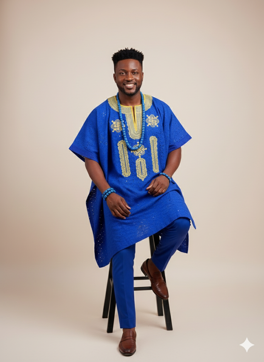 Majestic Royal Blue Agbada with Golden Eyelet ...