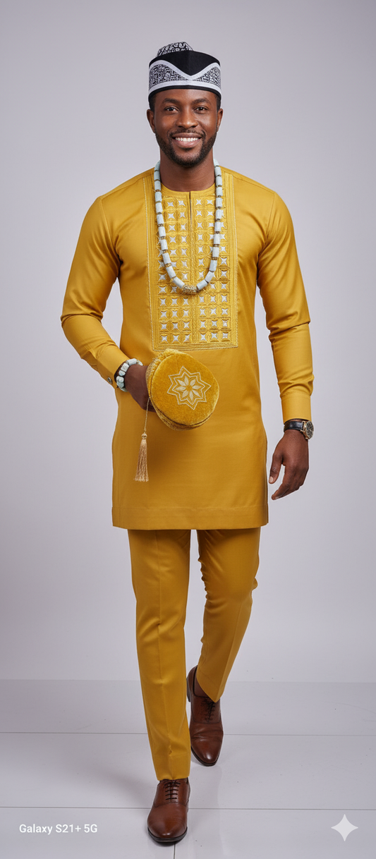 Golden Yellow Senator Suit with Geometric Embroidery"