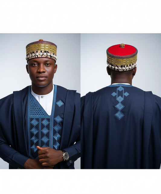 Nigerian Royal Red Velvet Cap- Golden Beadwork & Cowrie Shells