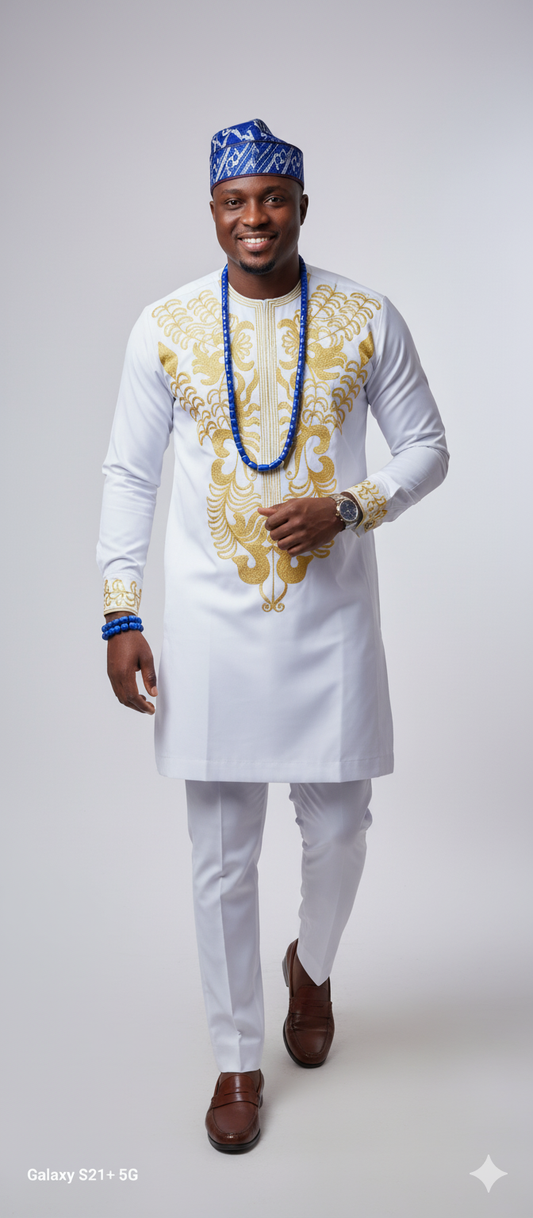 Radiant White Senator Suit with Golden Crest Embroidery