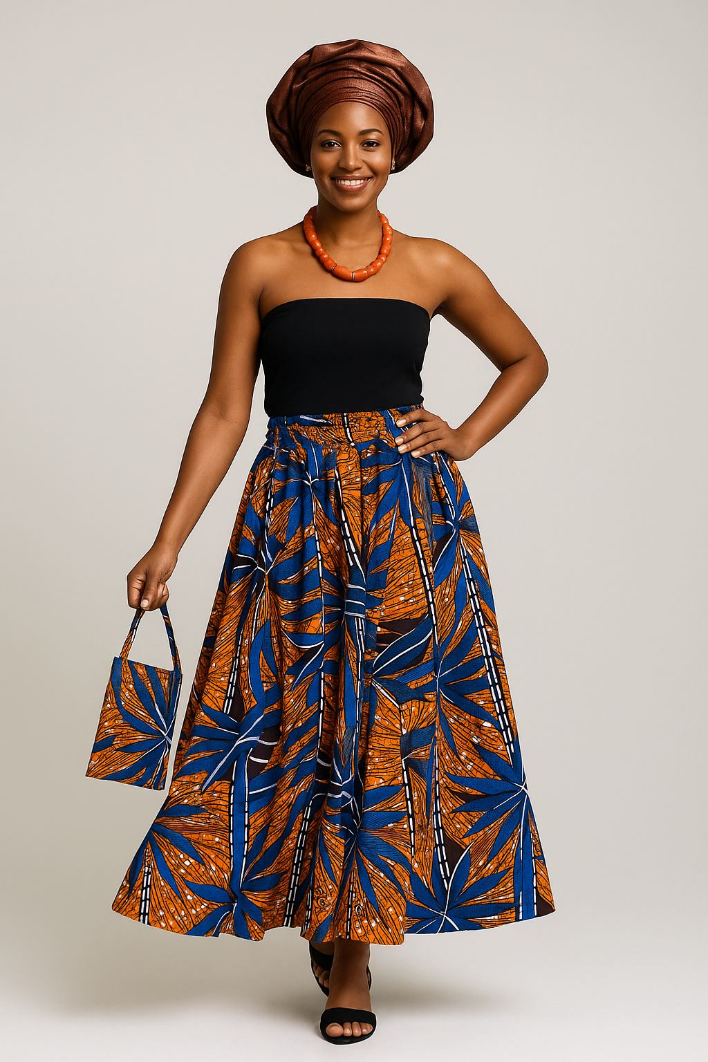 African Print Maxi Skirt Set with Matching Bag