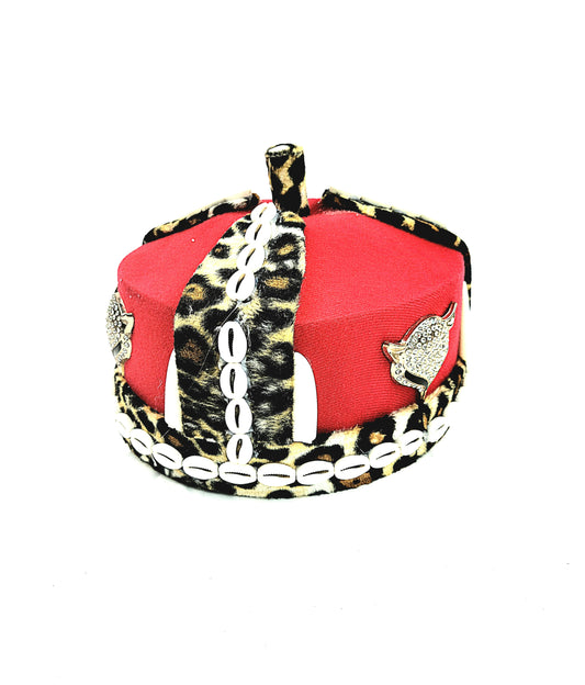 Red & Leopard Igbo Royal Cap- Cowrie Shell Detailing