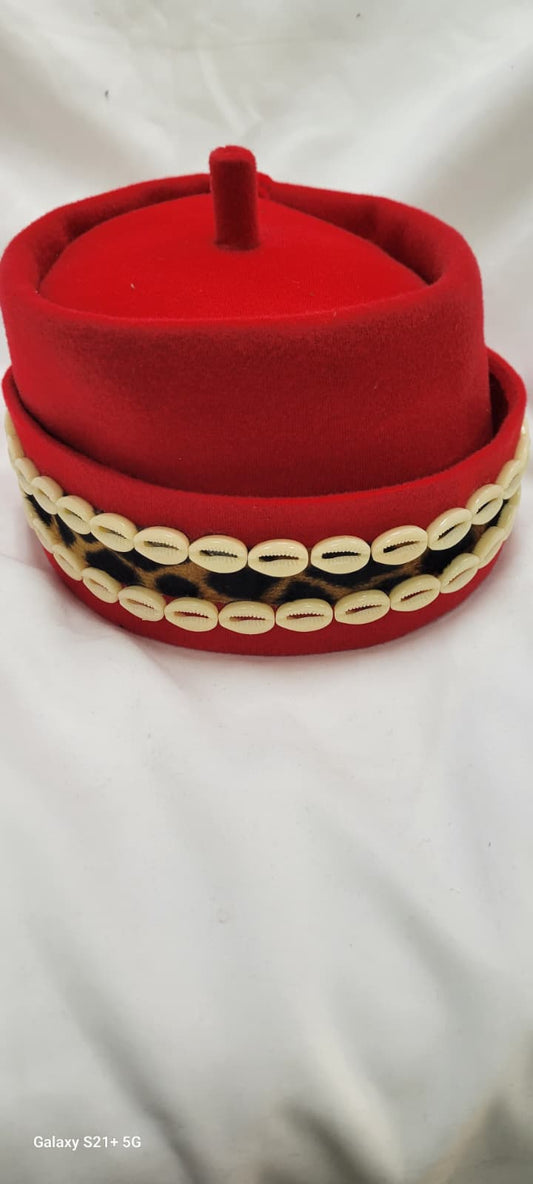 Red Beaded Velvet Kufi-cap