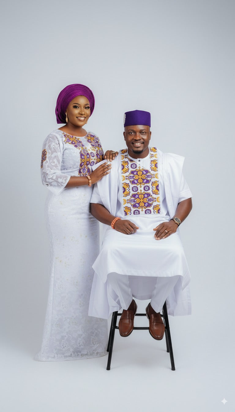 Regal Agbada-White & Purple Emb...