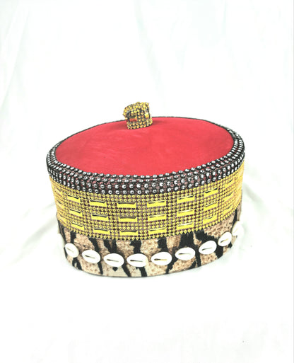 Nigerian Royal Red Velvet Cap- Golden Beadwork & Cowrie Shells