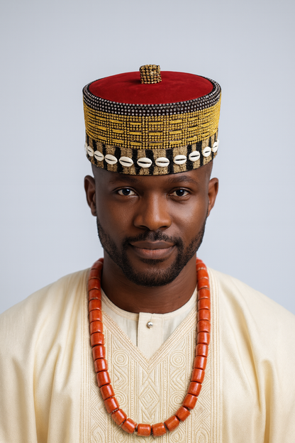 Nigerian Royal Red Velvet Cap- Golden Beadwork & Cowrie Shells