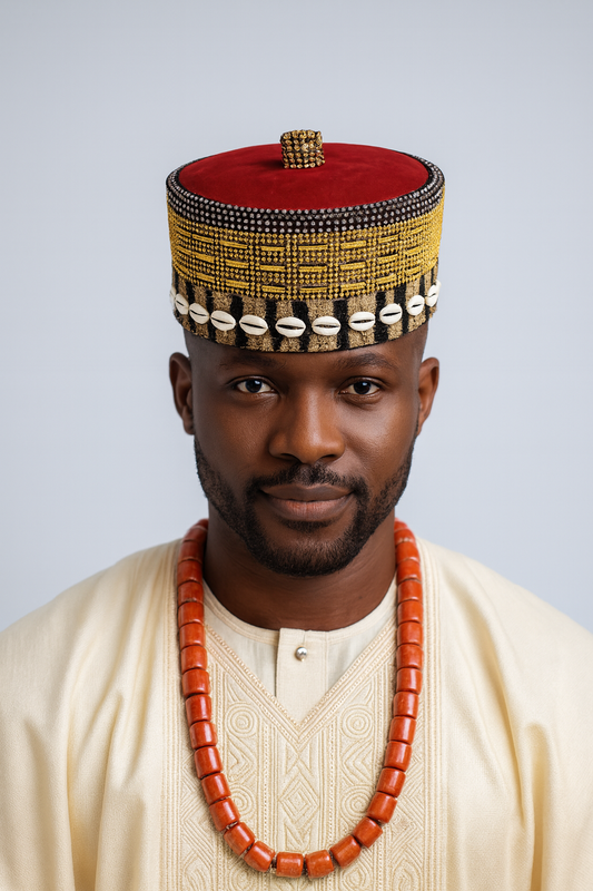 Nigerian Royal Red Velvet Cap- Golden Beadwork & Cowrie Shells