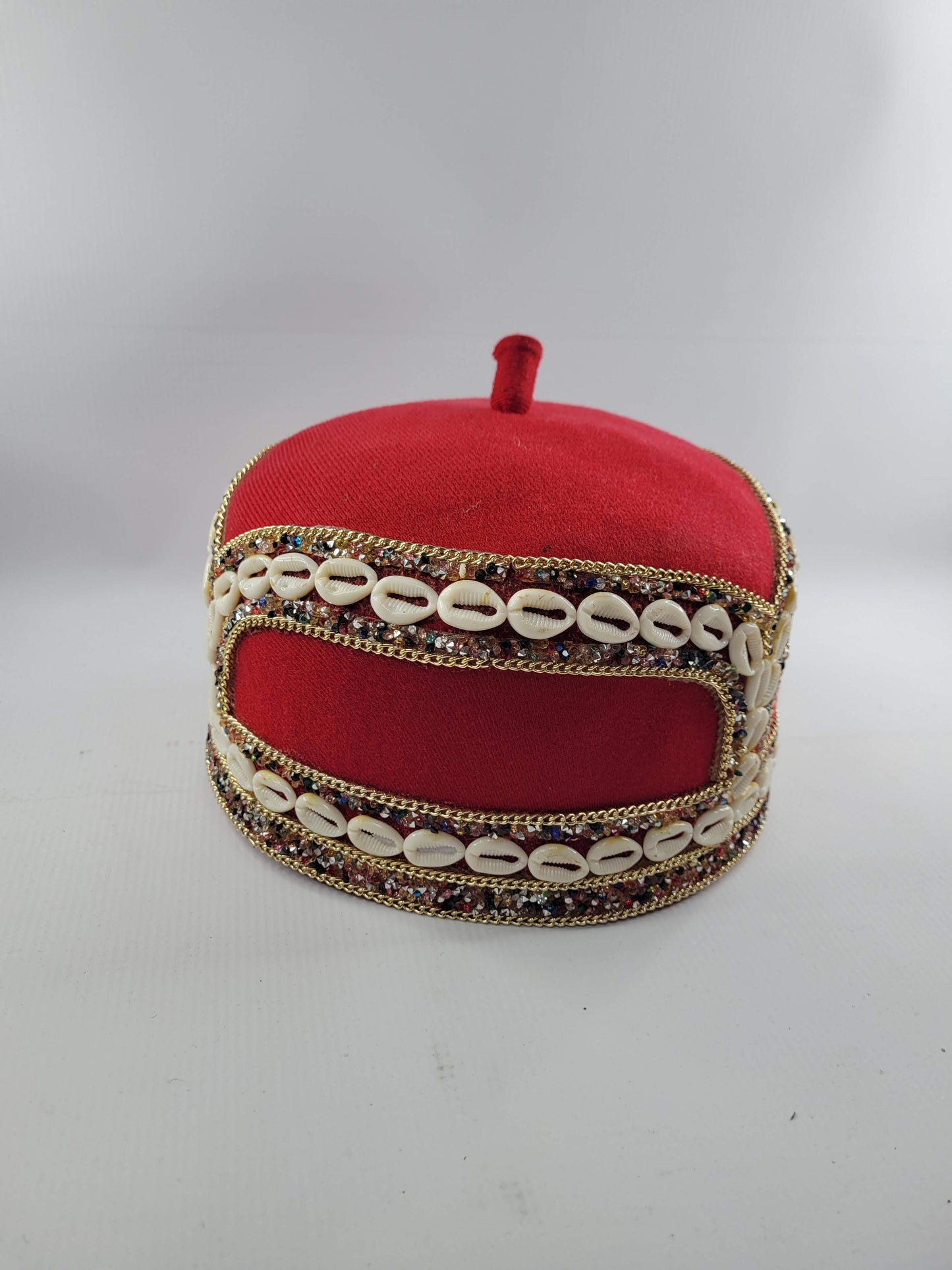 Igbo Red Cap with Cowrie Shell Embroidery