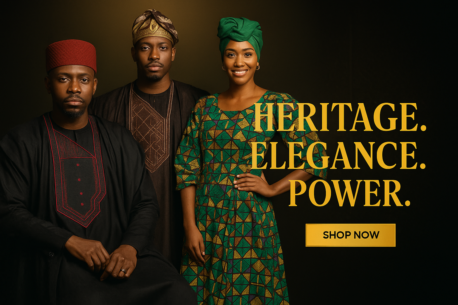 Three people in traditional attire with text 'Heritage. Elegance. Power.' and a 'Shop Now' button on a dark background.