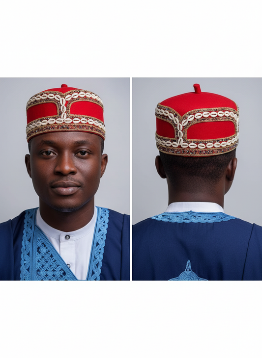 Igbo Red Cap with Cowrie Shell Embroidery