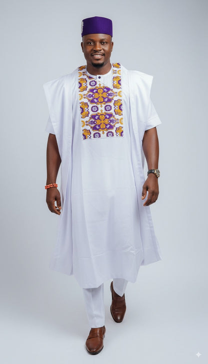 Regal Agbada-White & Purple Emb...