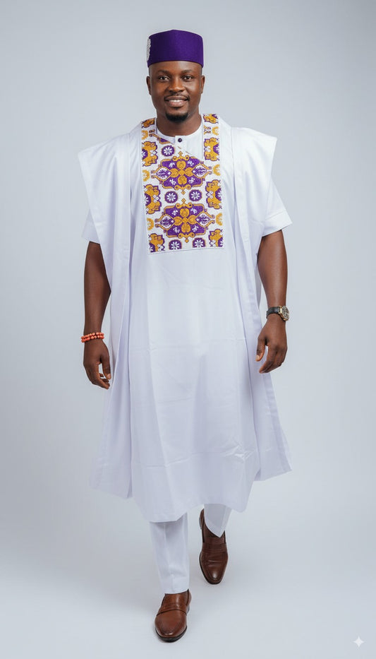 Regal Agbada-White & Purple Emb...