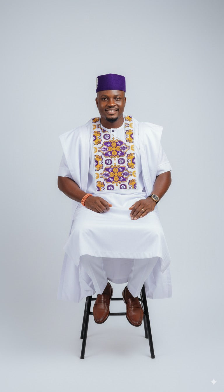 Regal Agbada-White & Purple Emb...
