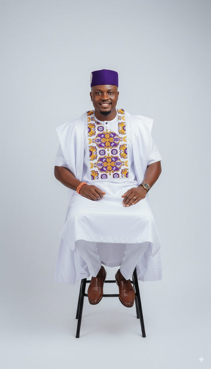 Regal Agbada-White & Purple Emb...