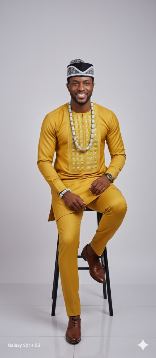 Golden Yellow Senator Suit with Geometric Embroidery"