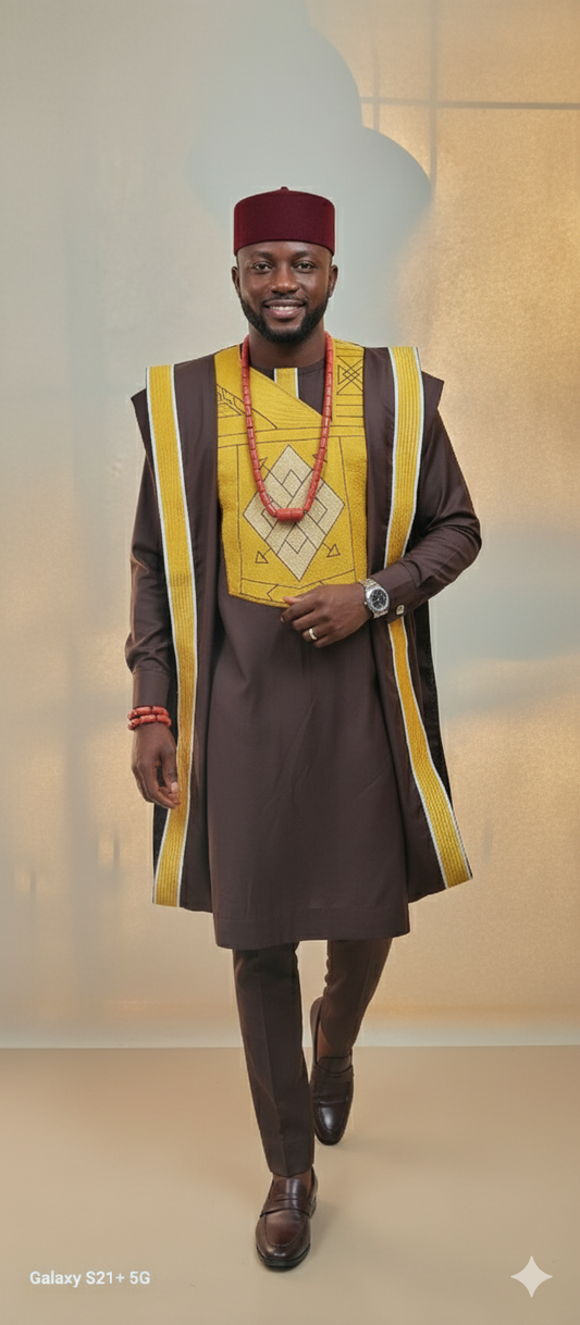 Regal Brown Agbada with Golden Geometric Embroidery