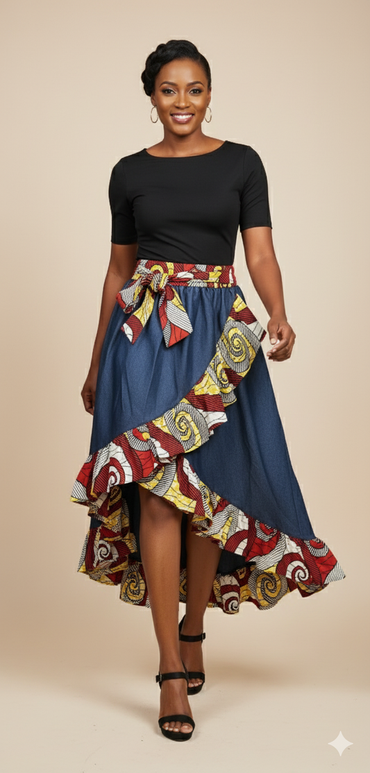Chic Denim Skirt with Vibrant Ankara Ruffle