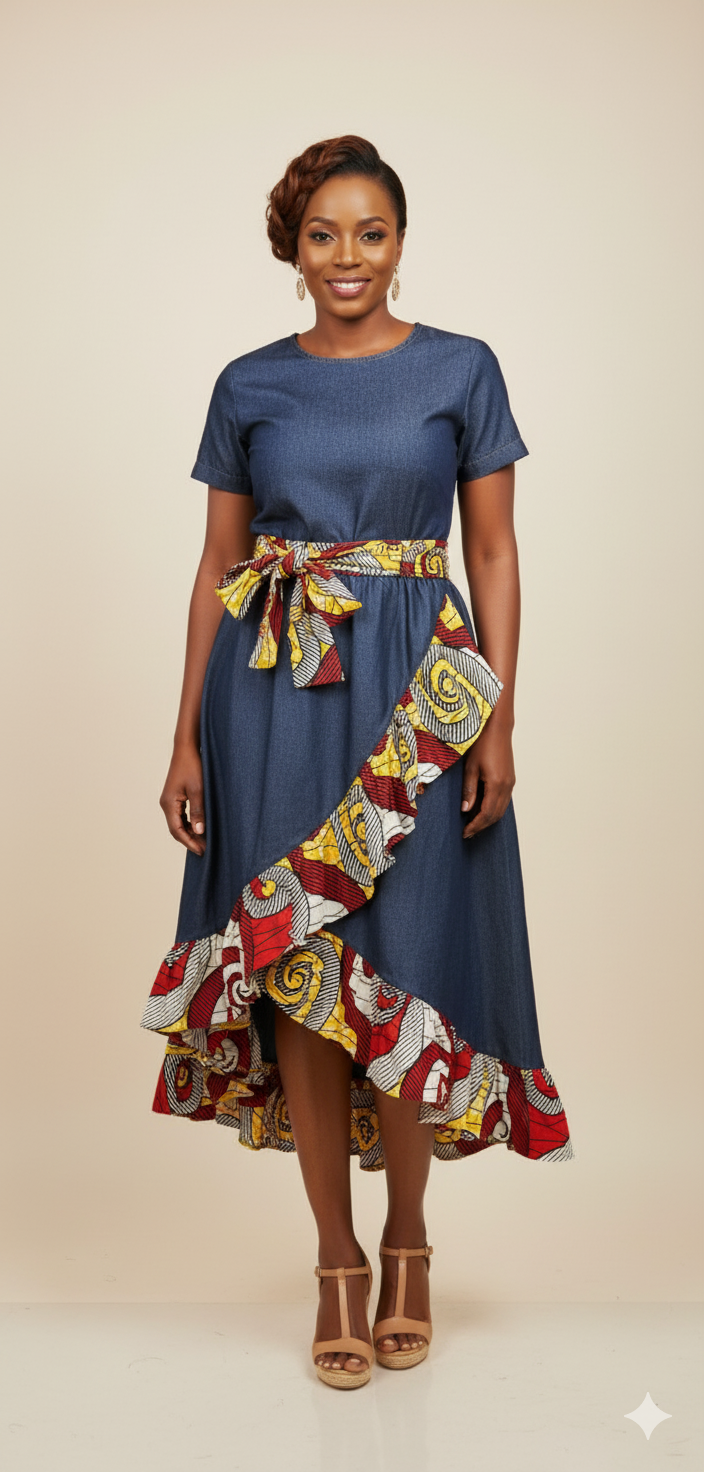 Chic Denim Skirt with Vibrant Ankara Ruffle