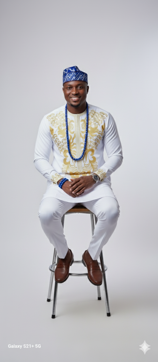 Radiant White Senator Suit with Golden Crest Embroidery