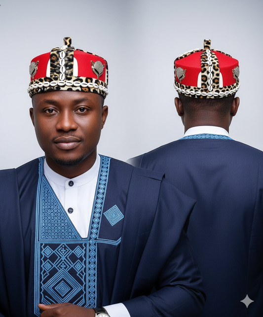 Red & Leopard Igbo Royal Cap- Cowrie Shell Detailing