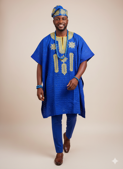 Majestic Royal Blue Agbada with Golden Eyelet ...