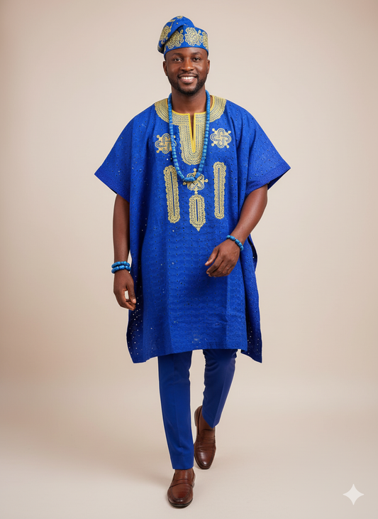 Majestic Royal Blue Agbada with Golden Eyelet ...