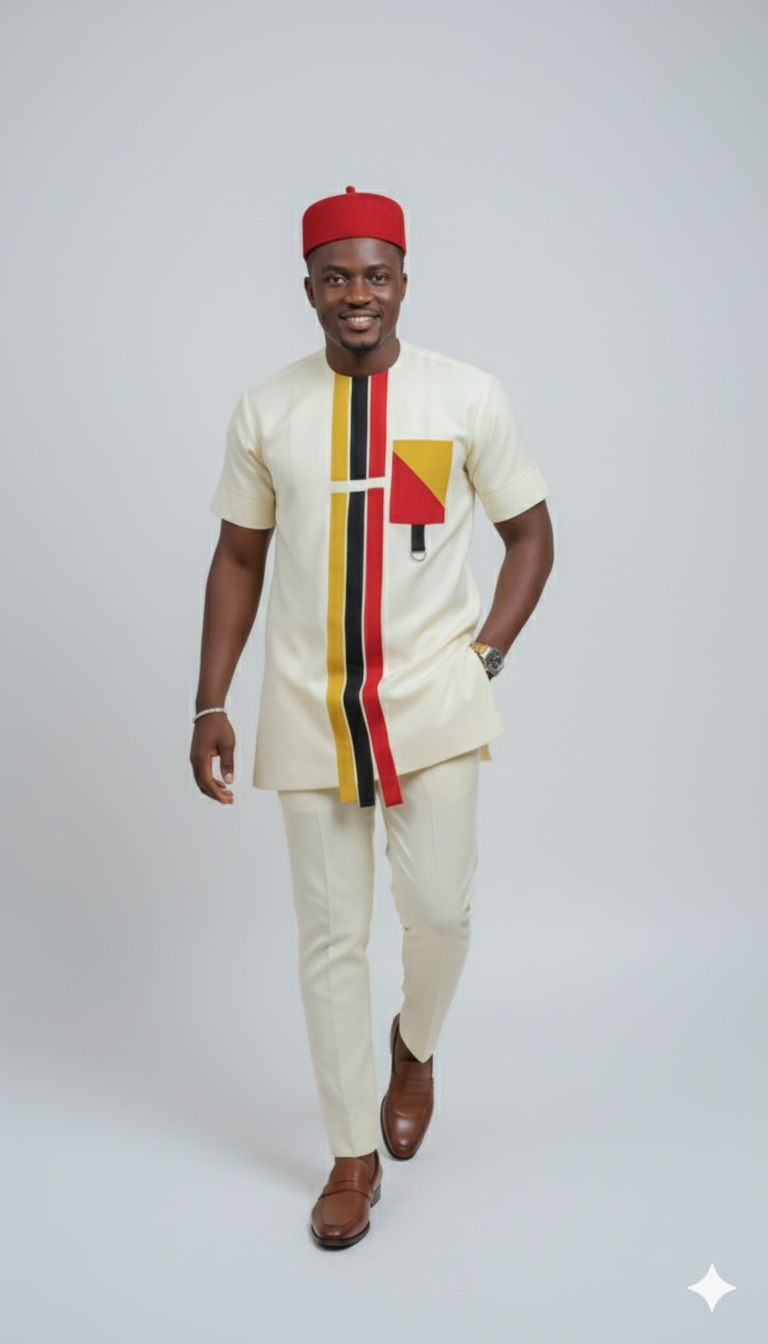 Chic Cream Senator Suit -Tri-Color Stripe