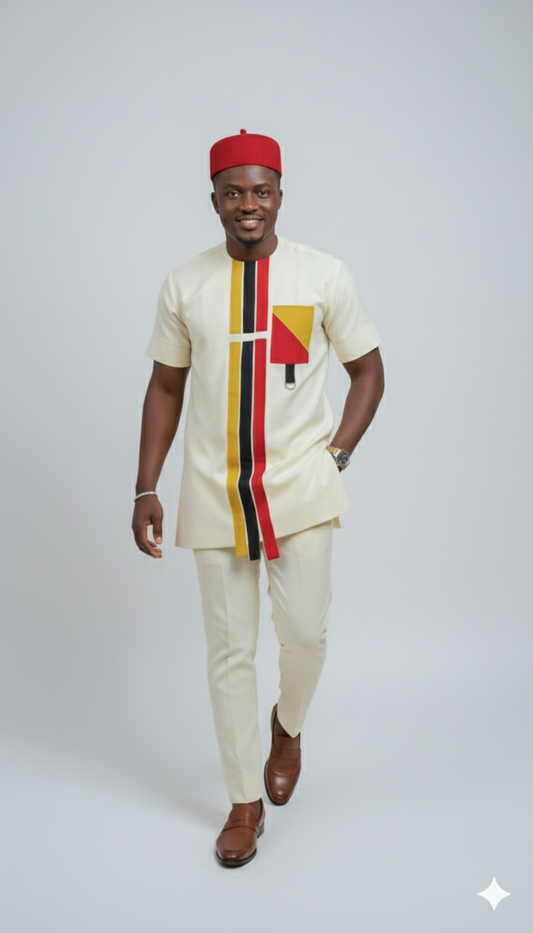 Chic Cream Senator Suit -Tri-Color Stripe