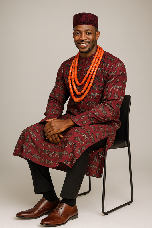 Royal Burgundy Agbada with Leopard Design