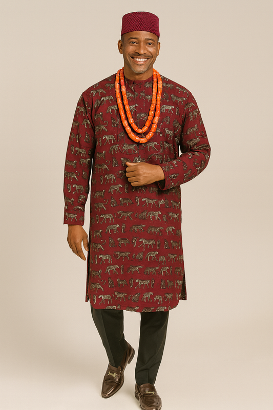 Royal Burgundy Agbada with Leopard Design